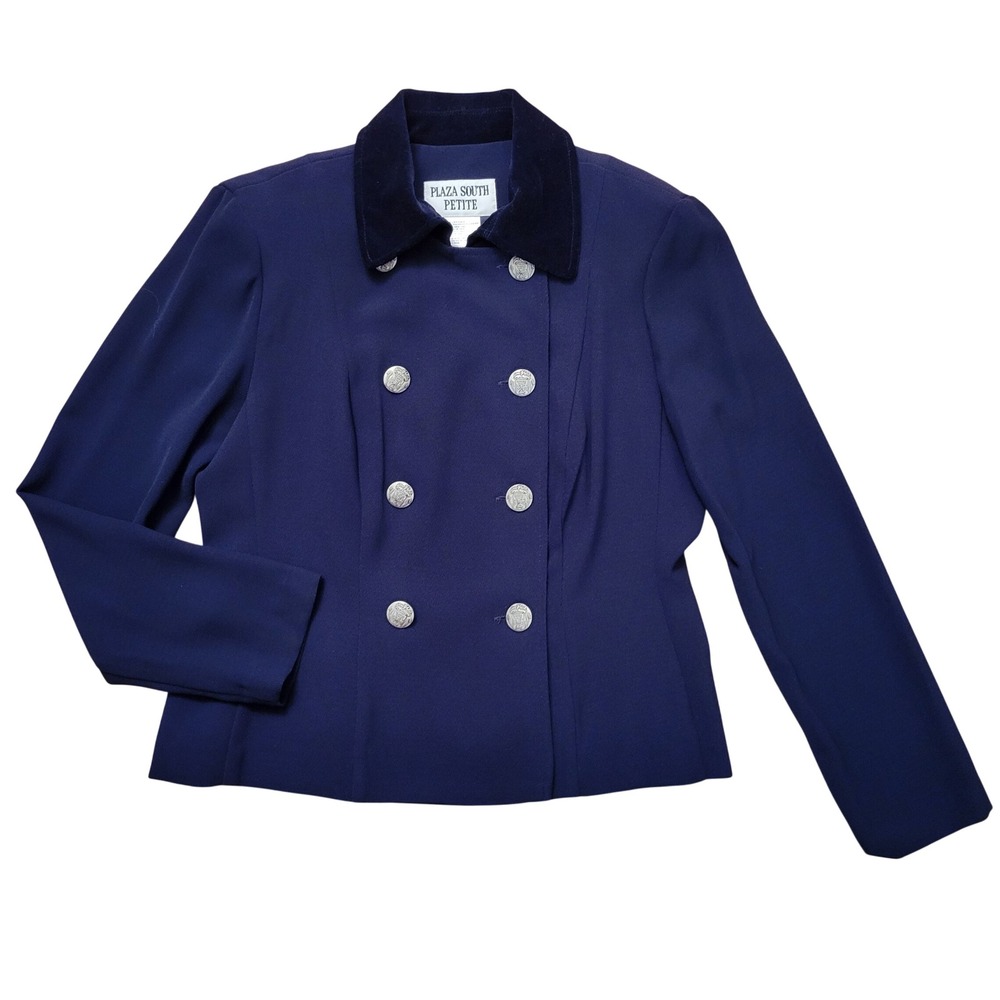 Plaza South 8P Blazer‎ Navy Blue Velveteen Collar Crest Button Double Breasted